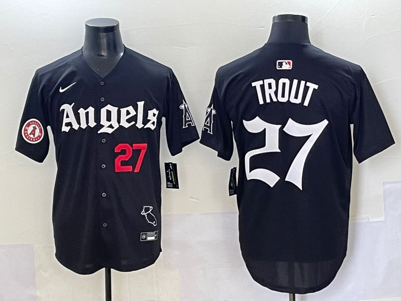 Men 2025 Los Angeles Angels #27 Trout Black Five generations Joint Name Nike MLB Jersey style 7